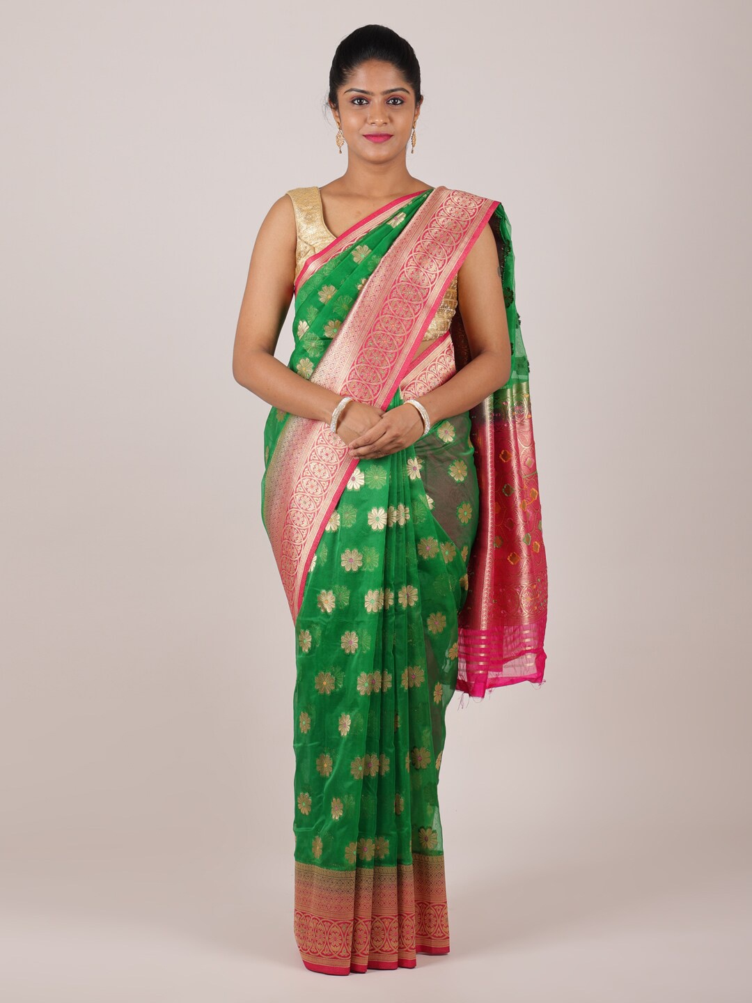 

Pothys Green & Pink Woven Design Zari Organza Saree