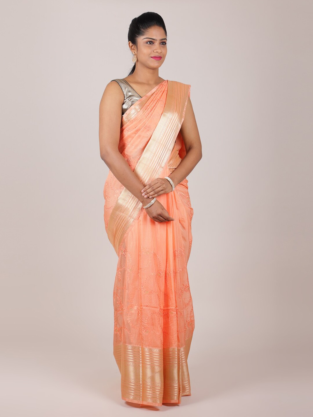 

Pothys Peach-Coloured & Gold-Toned Ethnic Motifs Embroidered Zari Art Silk Saree