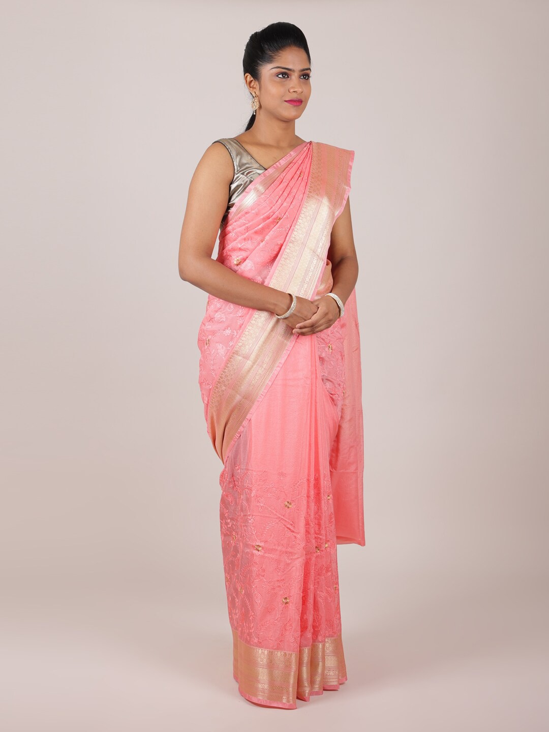 

Pothys Pink & Gold-Toned Floral Embroidered Art Silk Saree