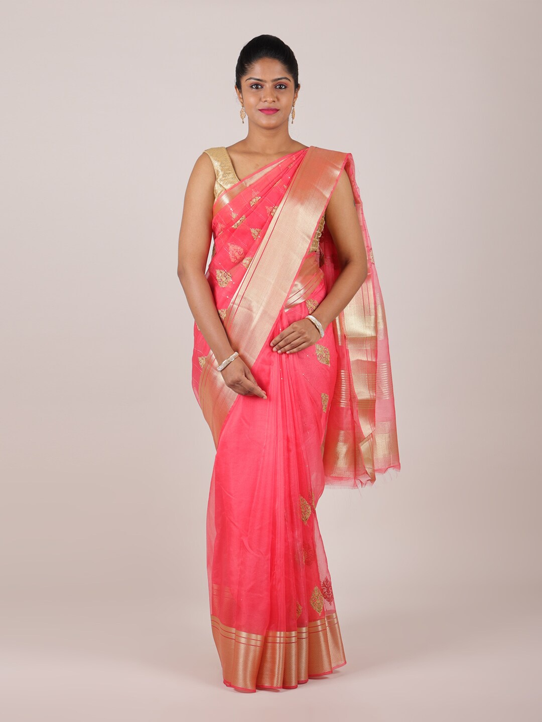 

Pothys Pink & Gold-Toned Woven Design Zari Organza Saree