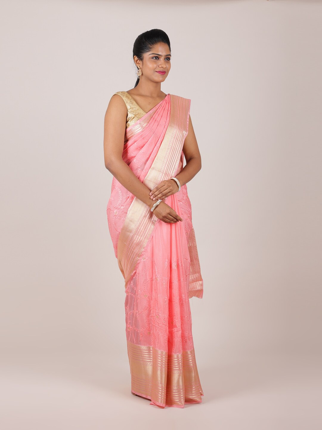 

Pothys Pink & Gold-Toned Floral Zari Organza Silk Saree