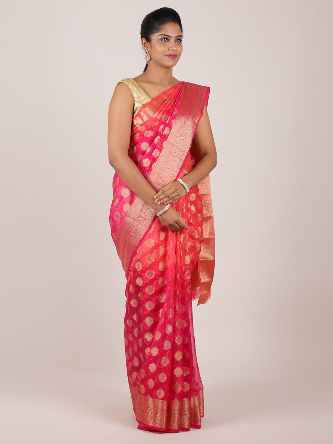 

Pothys Pink & Gold-Toned Ethnic Motifs Woven Design Saree