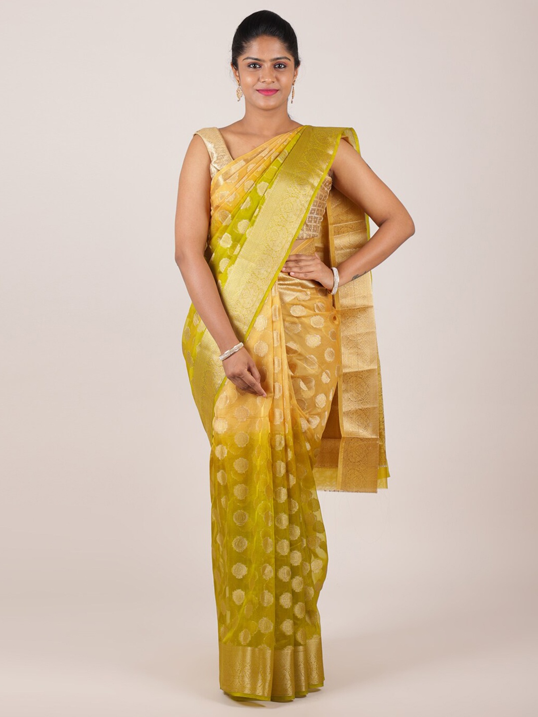 

Pothys Lime Green & Gold-Toned Woven Design Zari Organza Saree