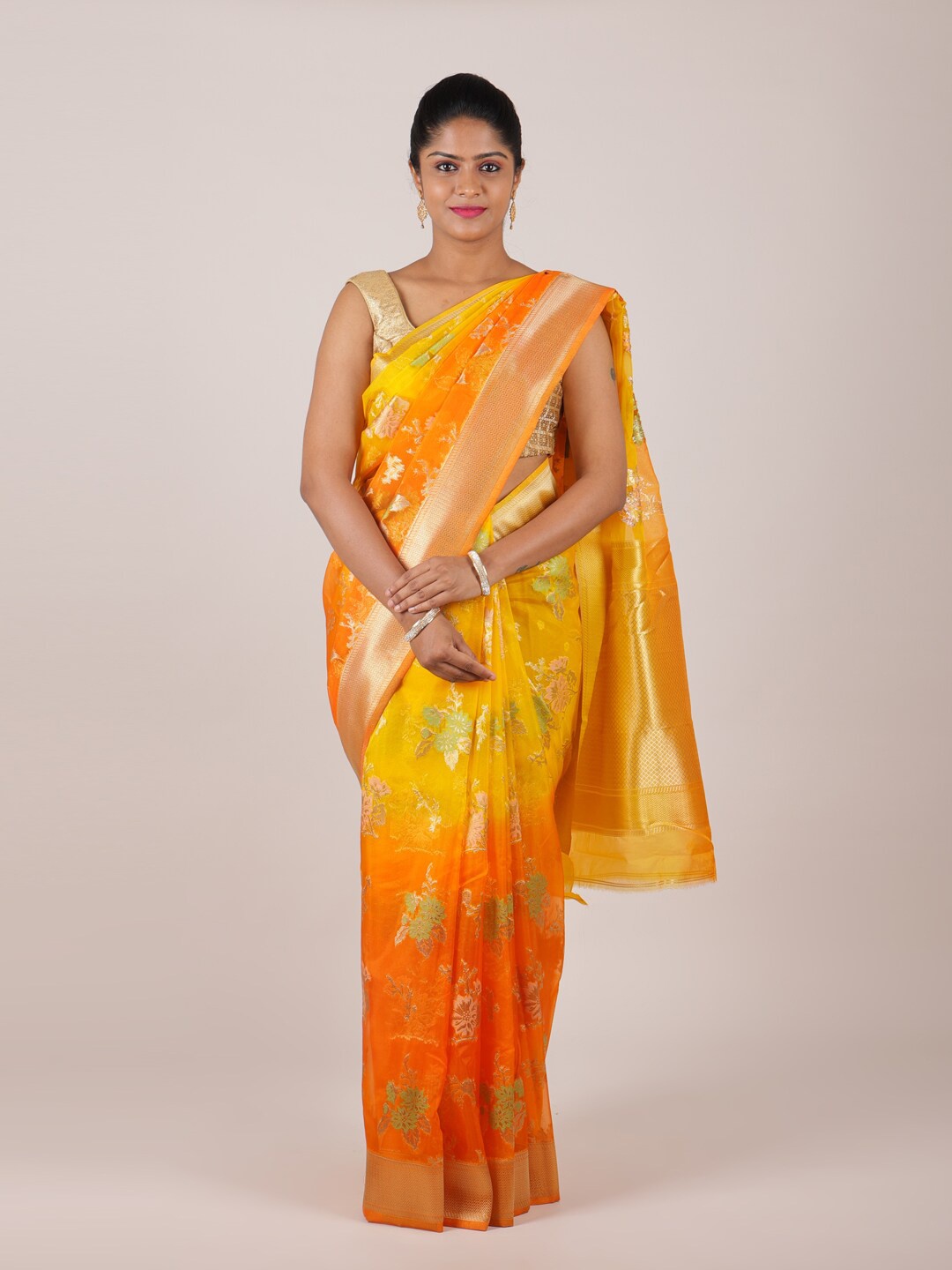 

Pothys Yellow & Orange Woven Design Zari Organza Saree