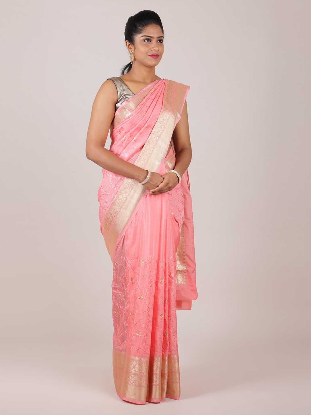 

Pothys Pink & Gold-Toned Floral Embroidered Zari Art Silk Saree