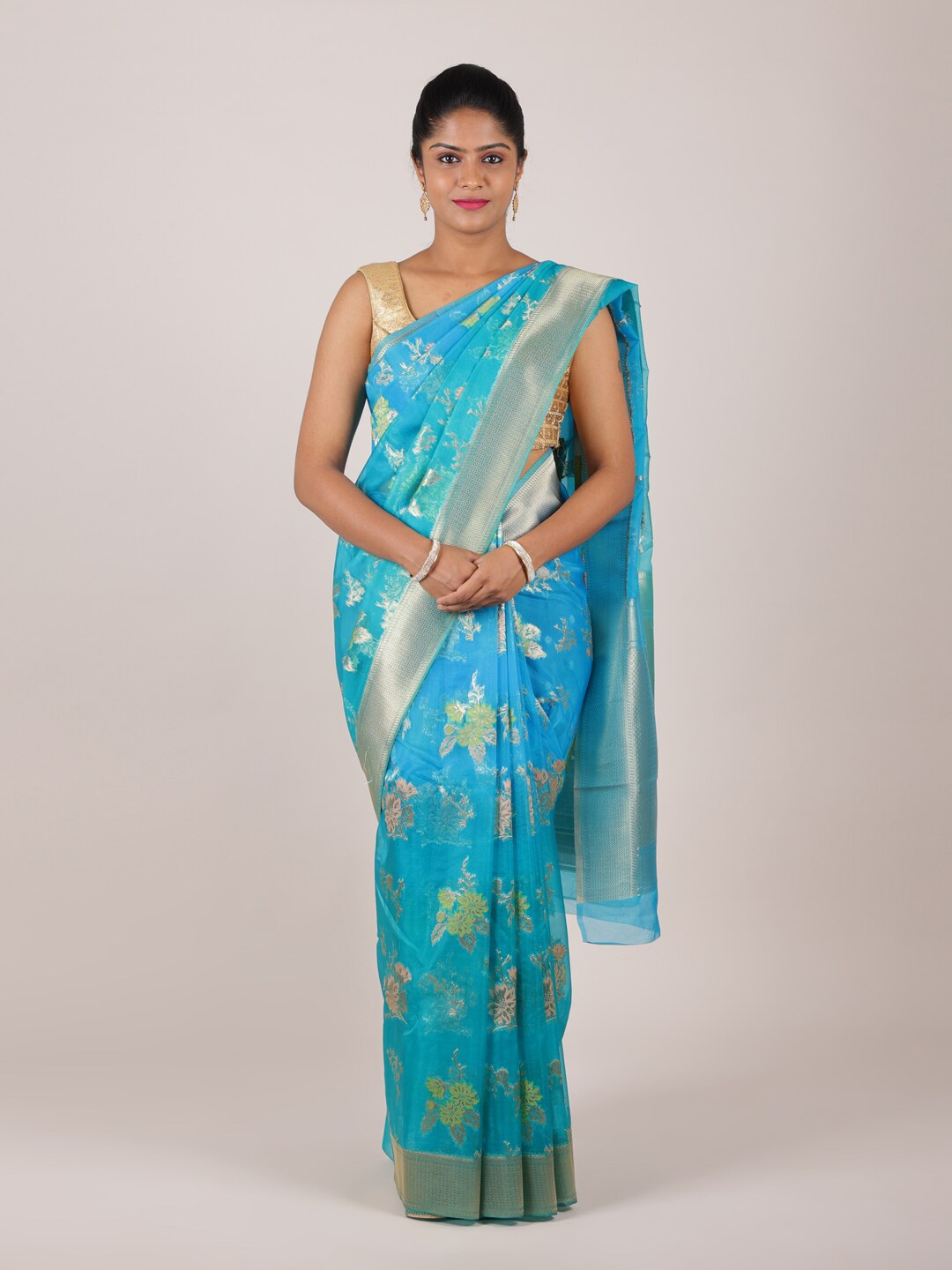 

Pothys Blue & Gold-Toned Ethnic Motifs Zari Organza Saree