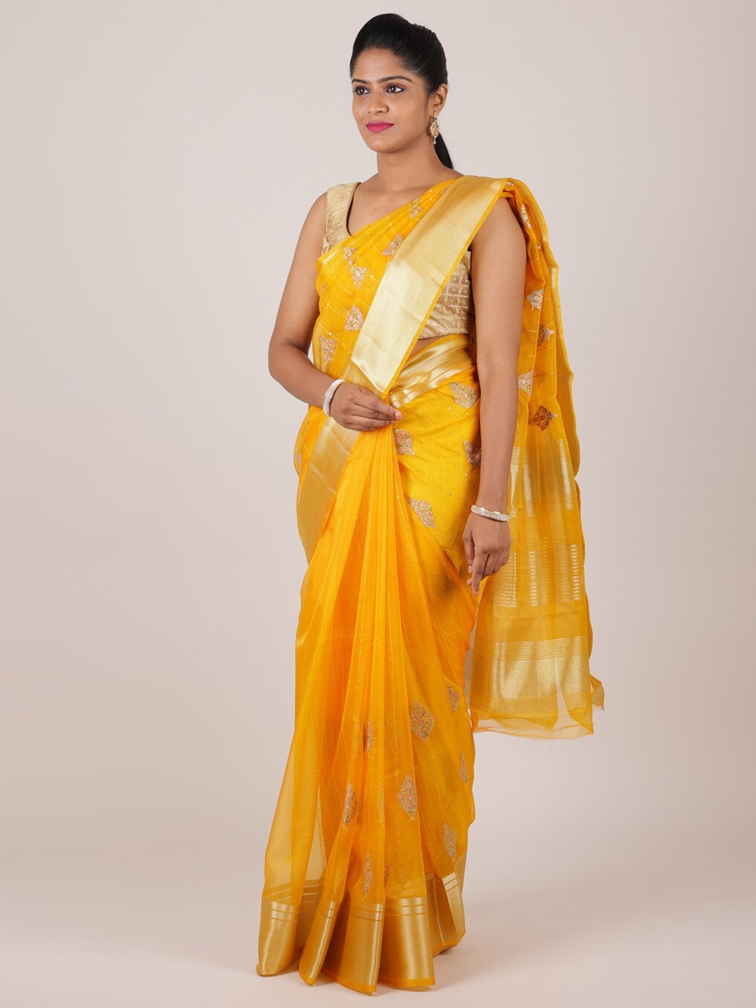 

Pothys Yellow & Gold-Toned Floral Woven Design Organza Saree