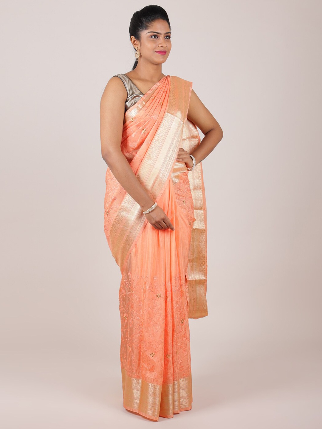 

Pothys Orange & Silver-Toned Floral Zari Art Silk Saree