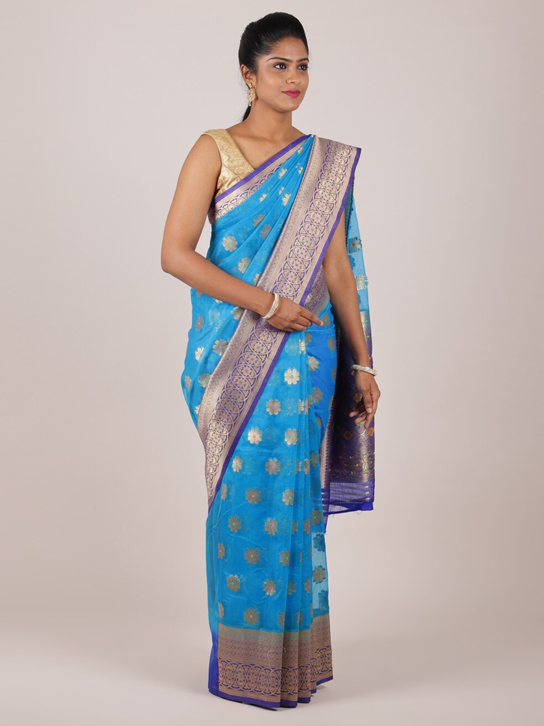 

Pothys Blue & Purple Floral Zari Organza Saree