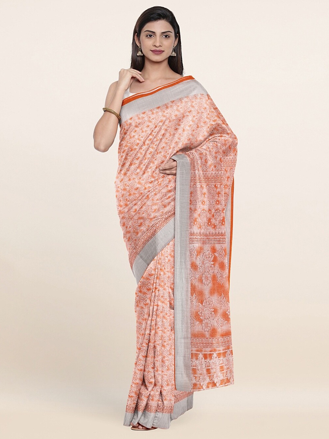 

Pothys Orange & Silver-Toned Floral Zari Saree