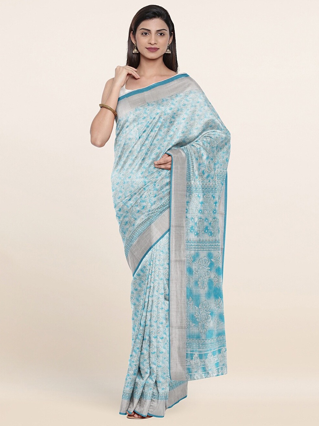 

Pothys Blue & Silver-Toned Ethnic Motifs Zari Saree