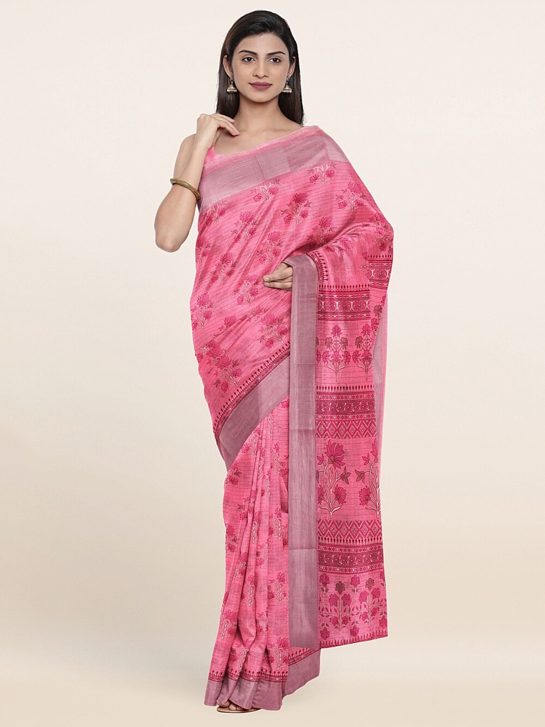 

Pothys Pink Floral Printed Zari Border Saree