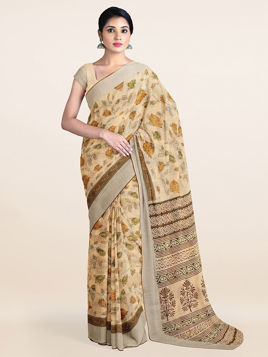 

Pothys Cream-Coloured & Green Floral Zari Saree