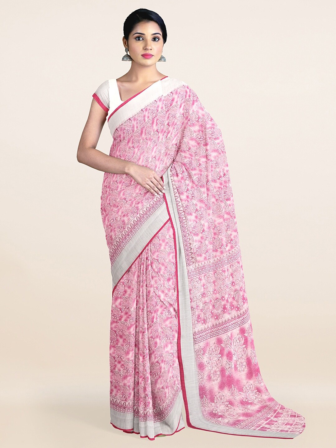 

Pothys Pink & Grey Floral Printed Zari Saree
