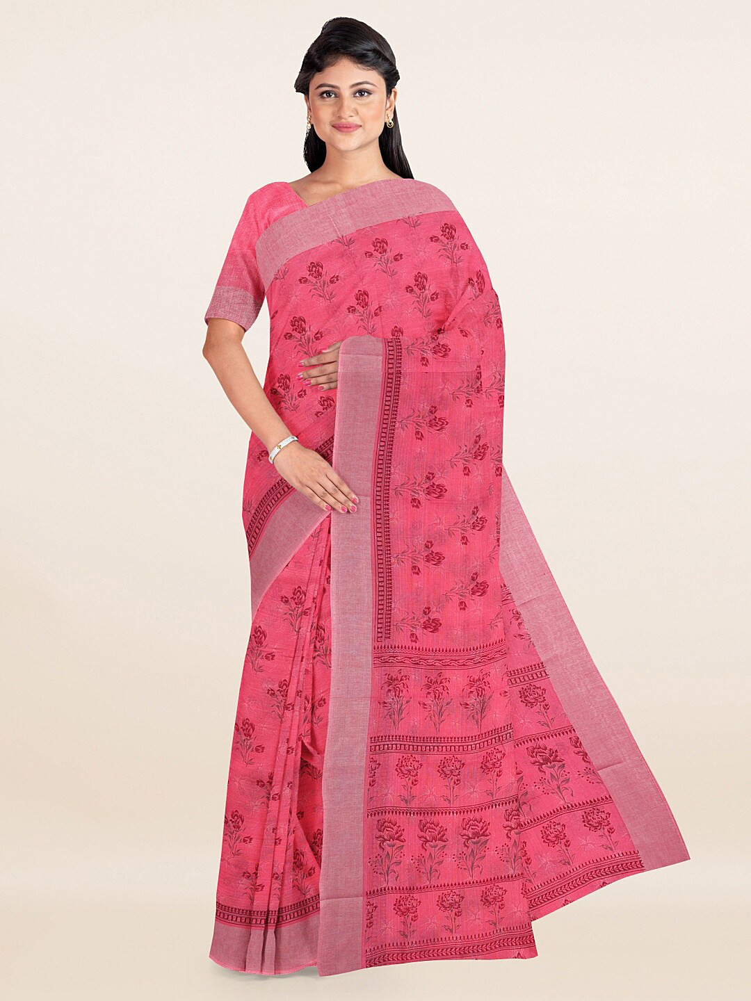 

Pothys Pink & Grey Floral Saree