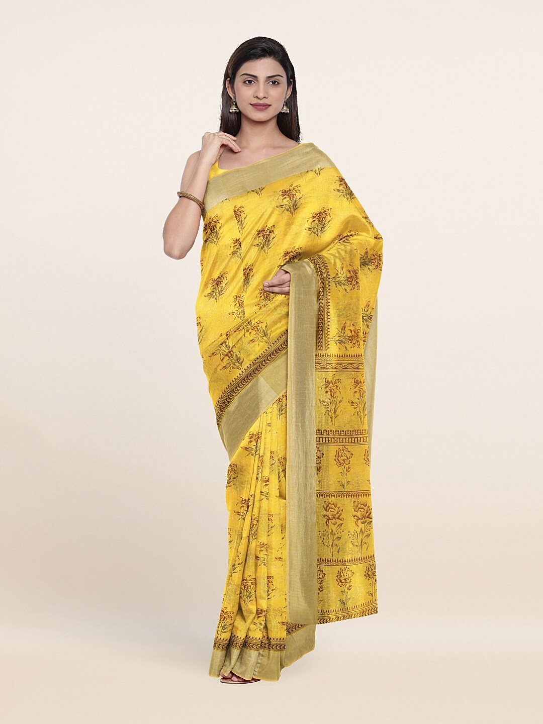 

Pothys Yellow & Brown Floral Zari Saree