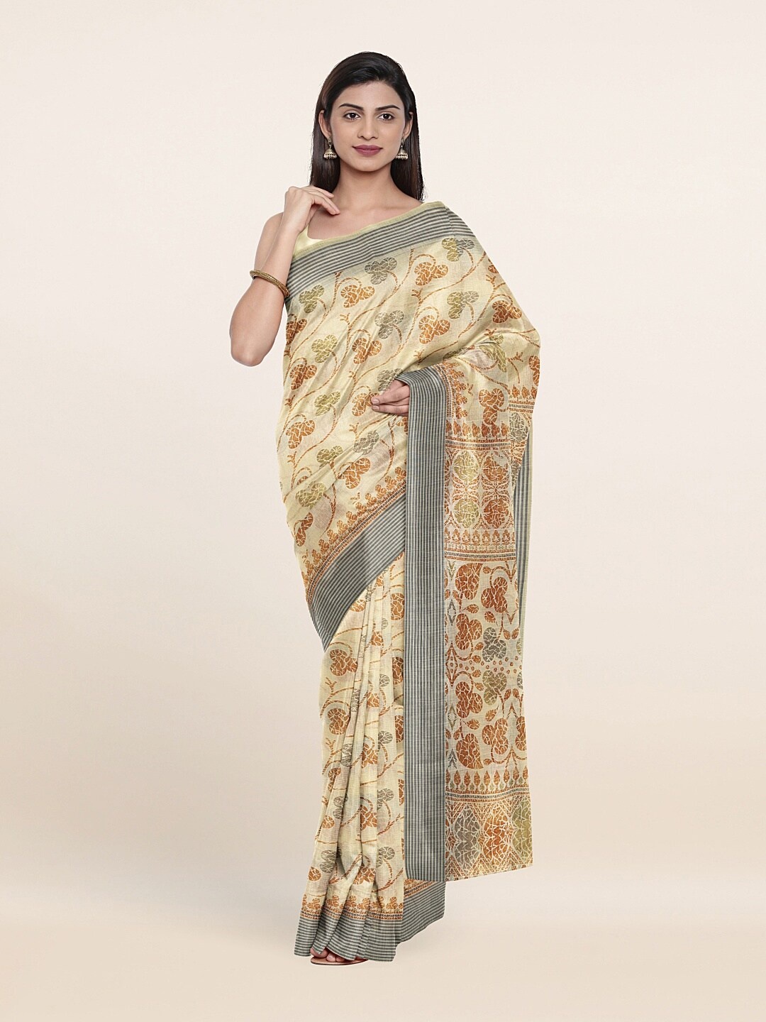 

Pothys Yellow & Brown Floral Printed Zari Saree