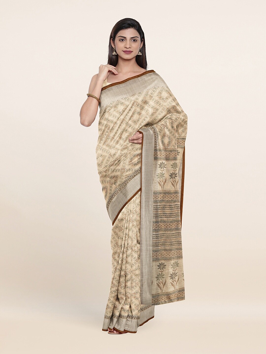 

Pothys Cream-Coloured & Grey Printed Zari Saree
