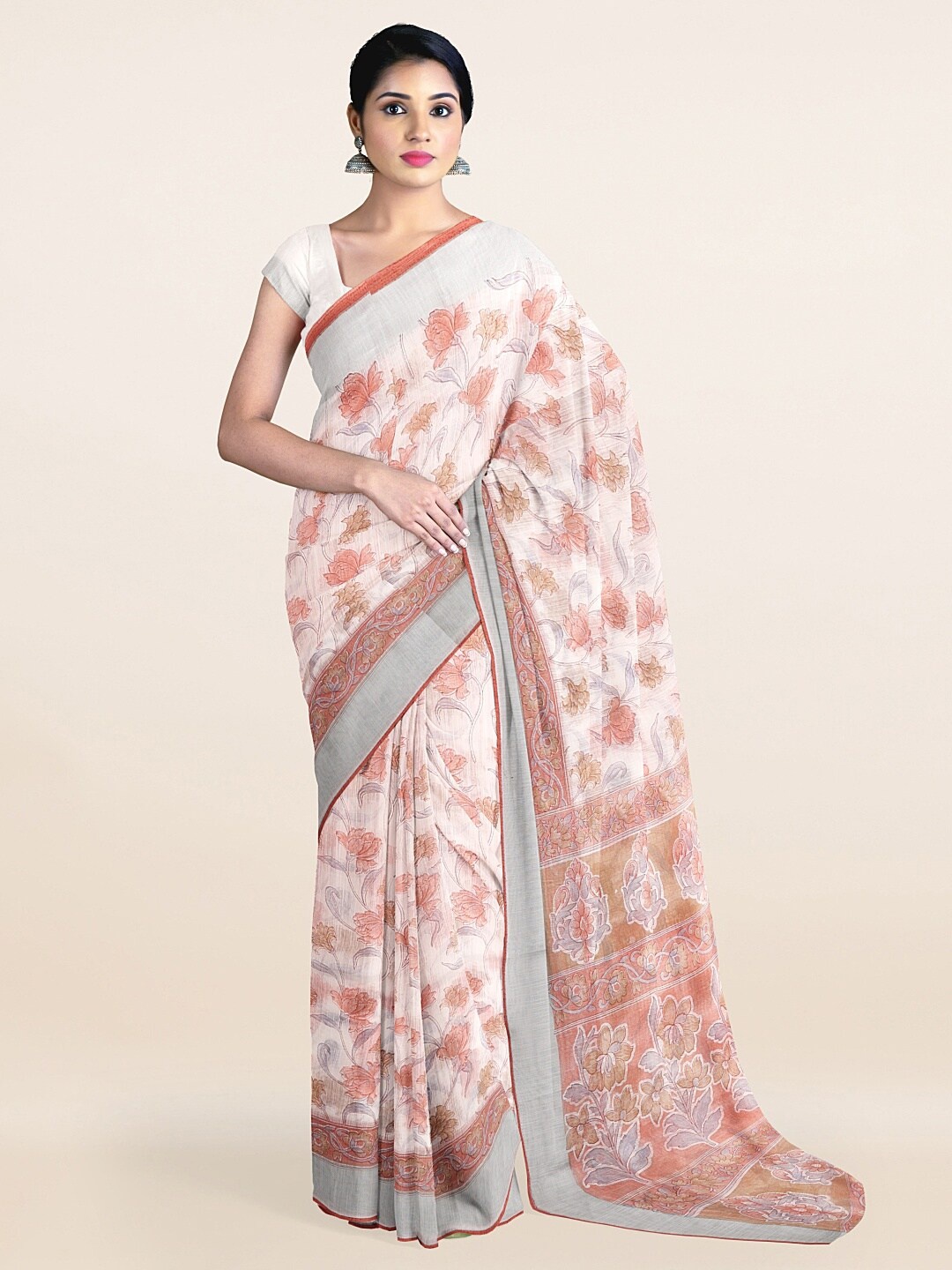 

Pothys Off White & Grey Floral Printed Zari Saree