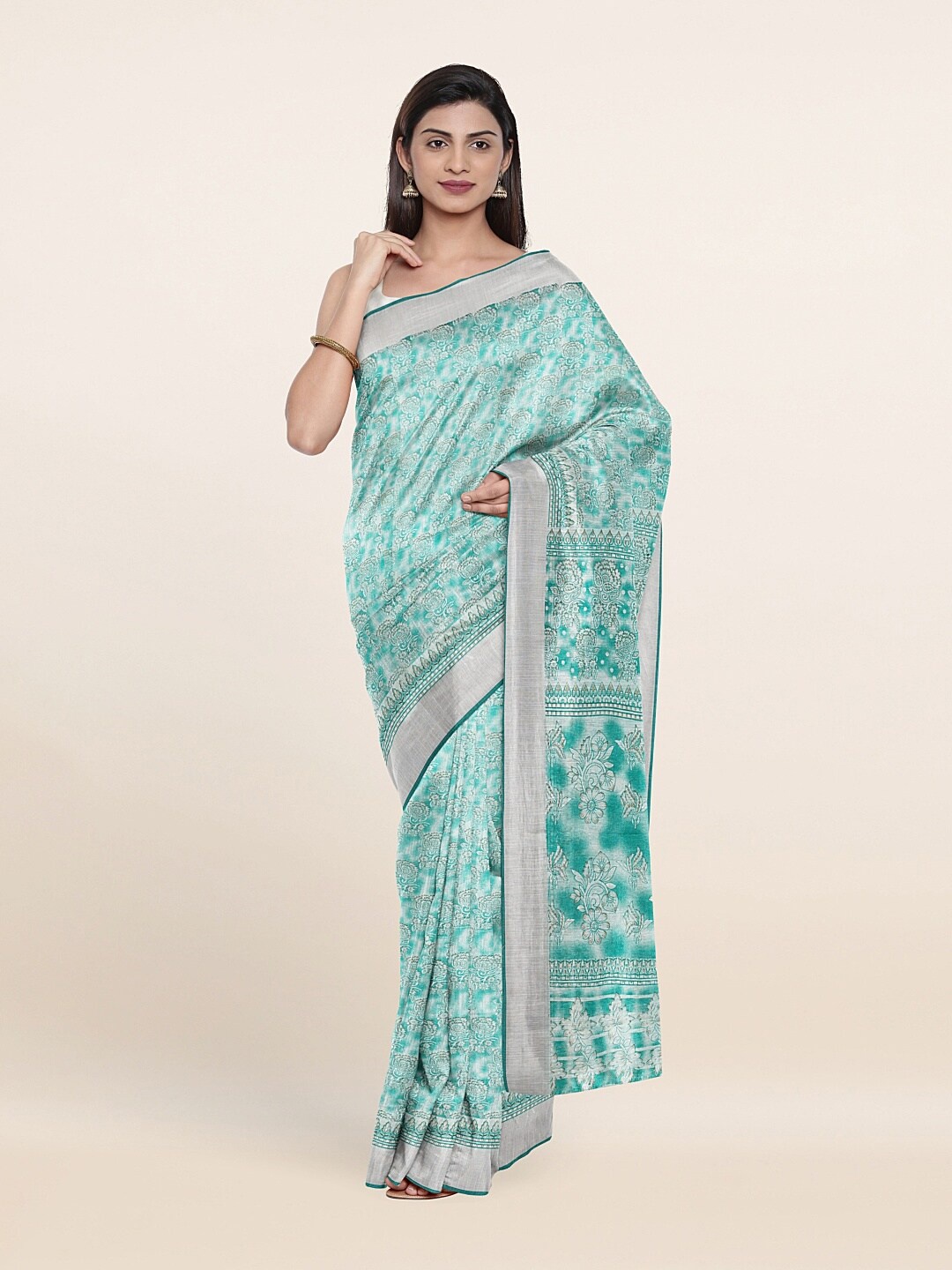 

Pothys Woman Green & Off White Floral Zari Saree