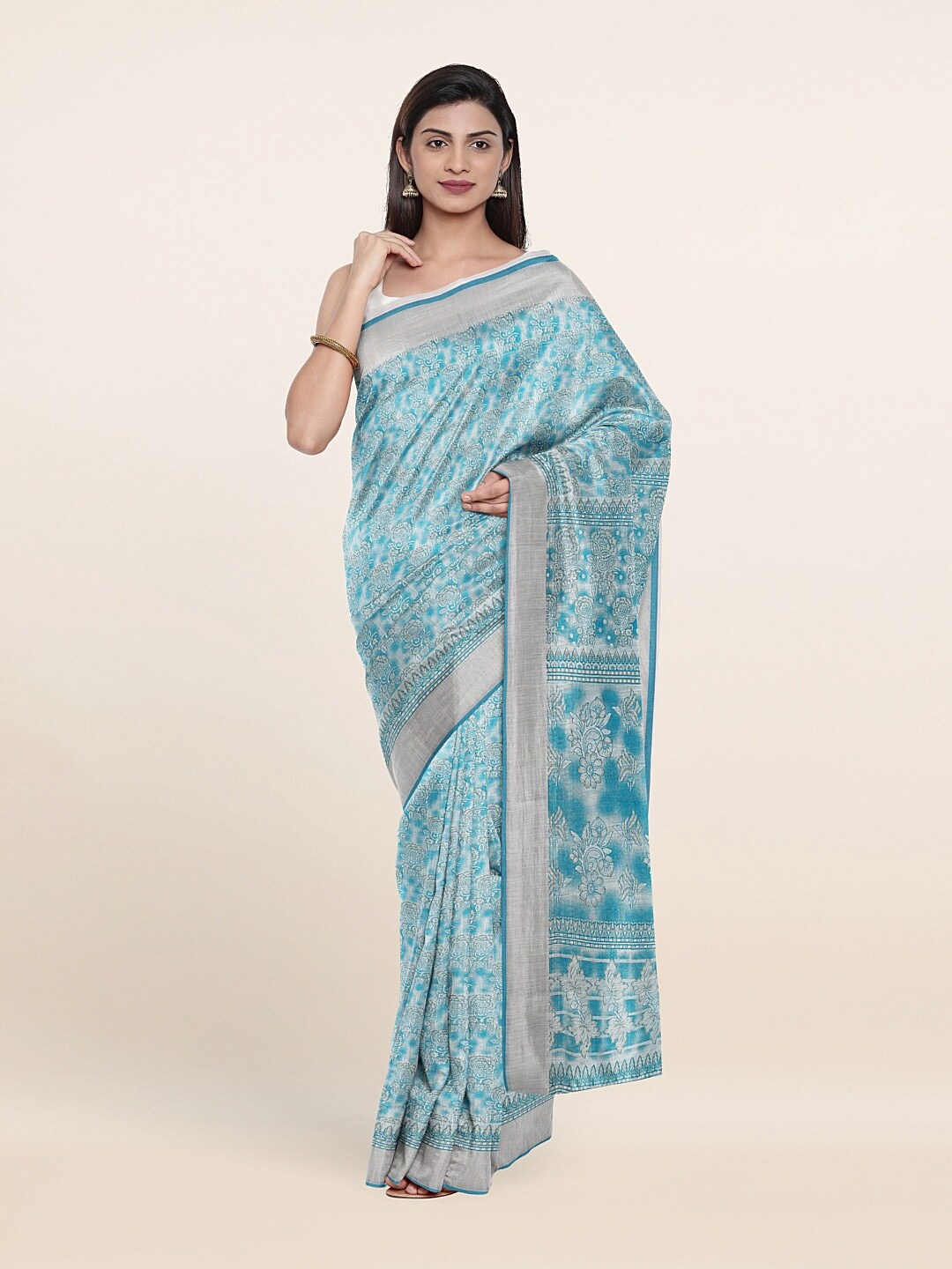 

Pothys Blue & Silver-Toned Floral Printed Zari Saree