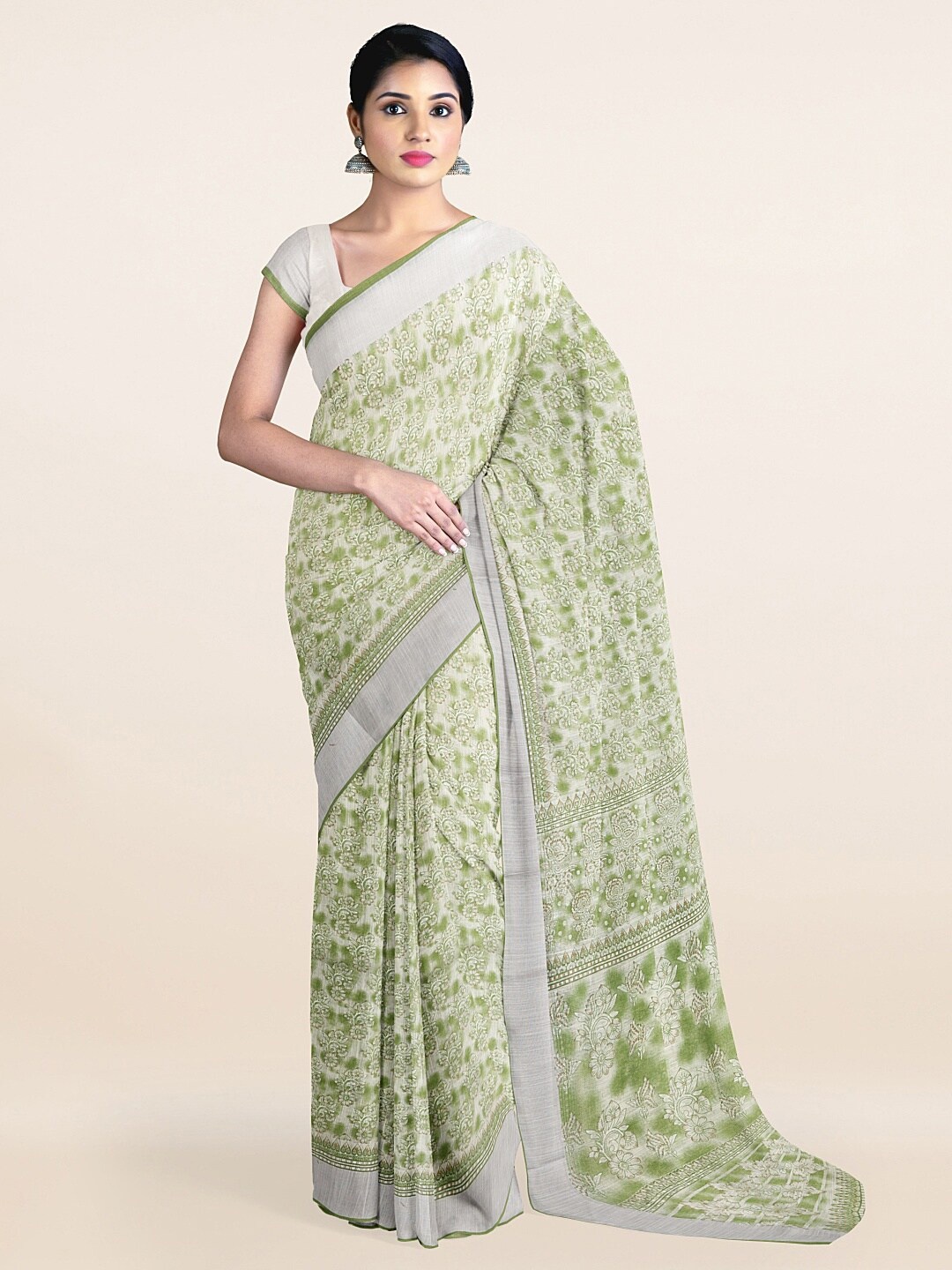 

Pothys Green & Silver-Toned Floral Printed Zari Saree