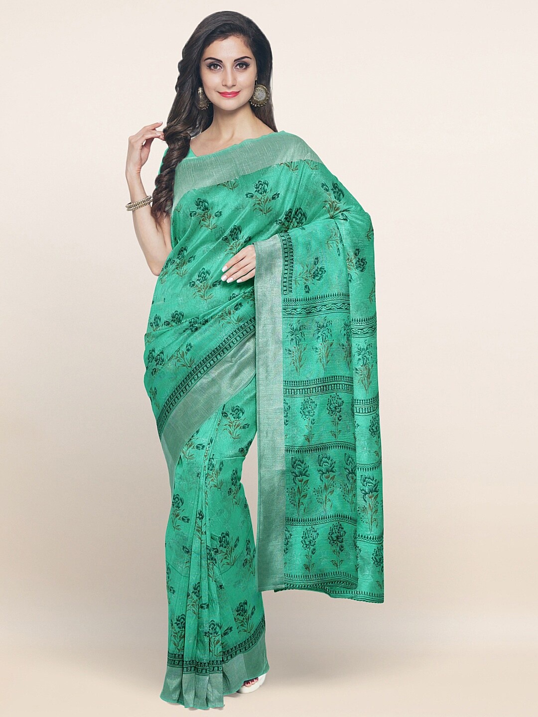 

Pothys Green & Silver-Toned Floral Printed Zari Saree