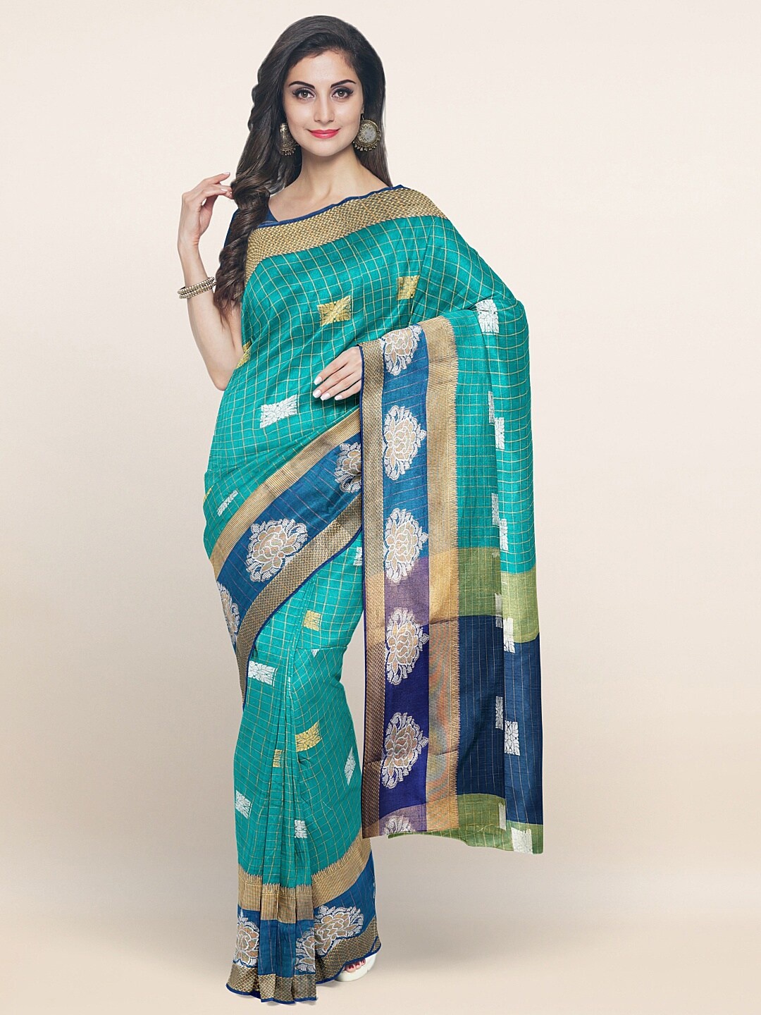 

Pothys Green & Silver-Toned Ethnic Motifs Zari Saree