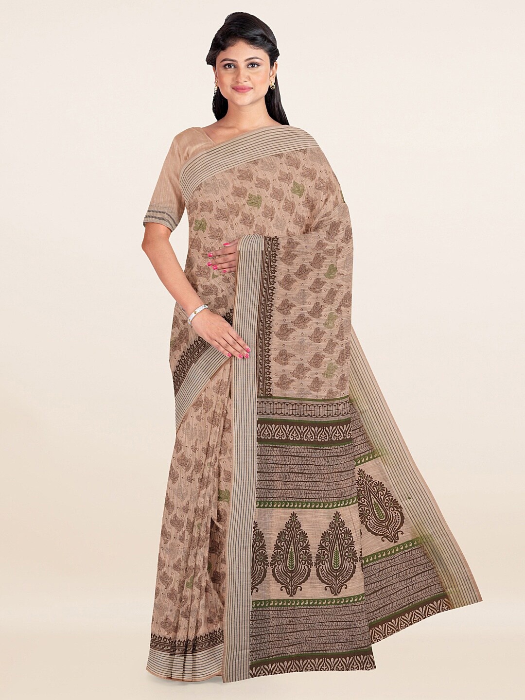 

Pothys Beige & Green Floral Saree