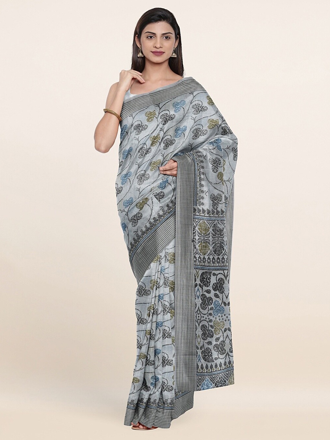 

Pothys Grey & Blue Floral Printed Saree