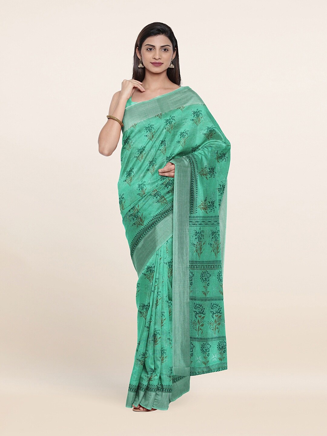 

Pothys Green & Silver-Toned Ethnic Motifs Printed Zari Saree