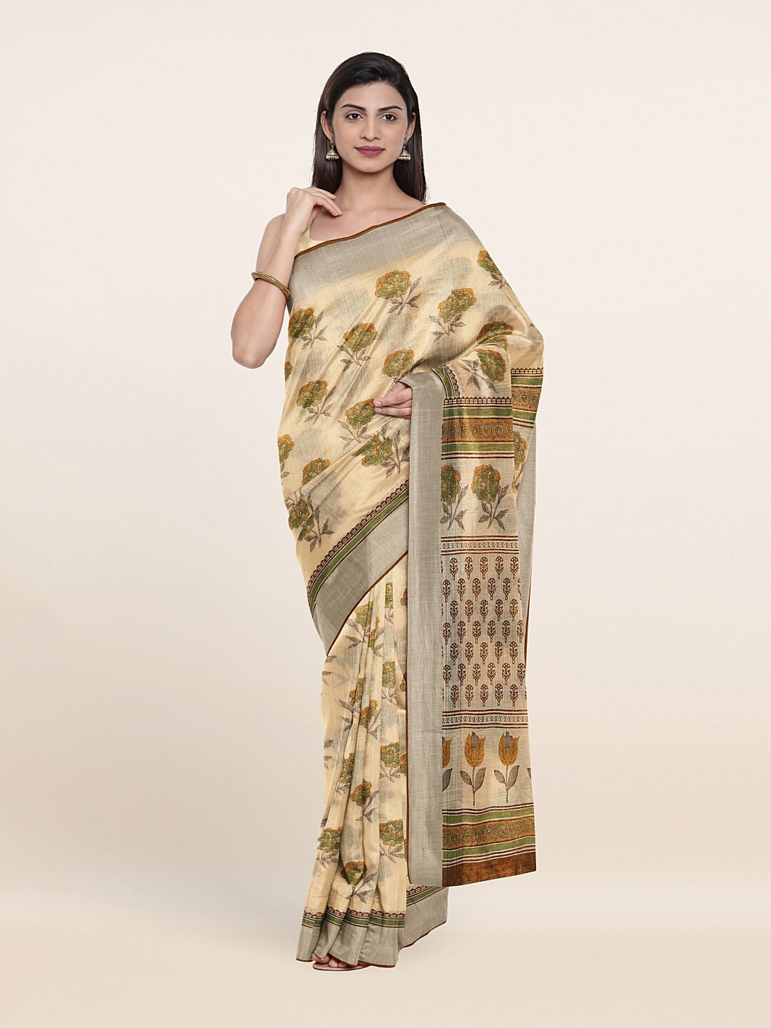

Pothys Cream-Coloured & Yellow Floral Saree
