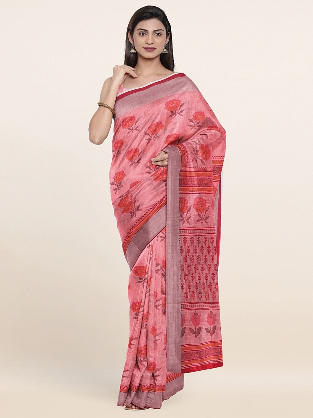 

Pothys Pink & Red Floral Printed Zari Border Saree