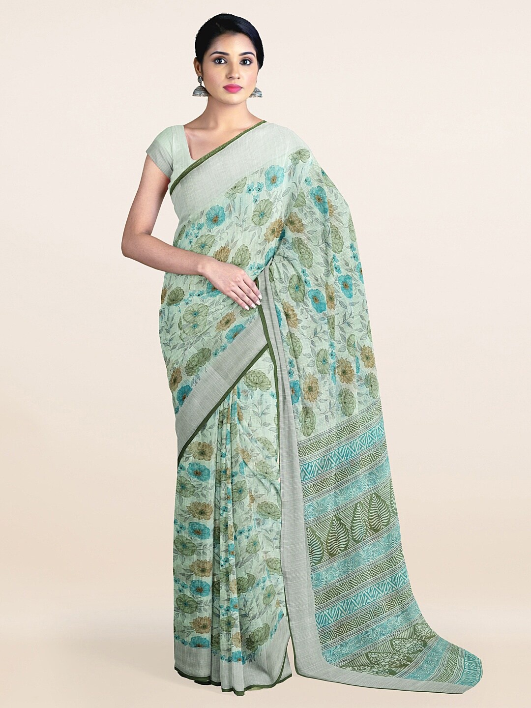 

Pothys Green & Blue Floral Printed Zari Saree