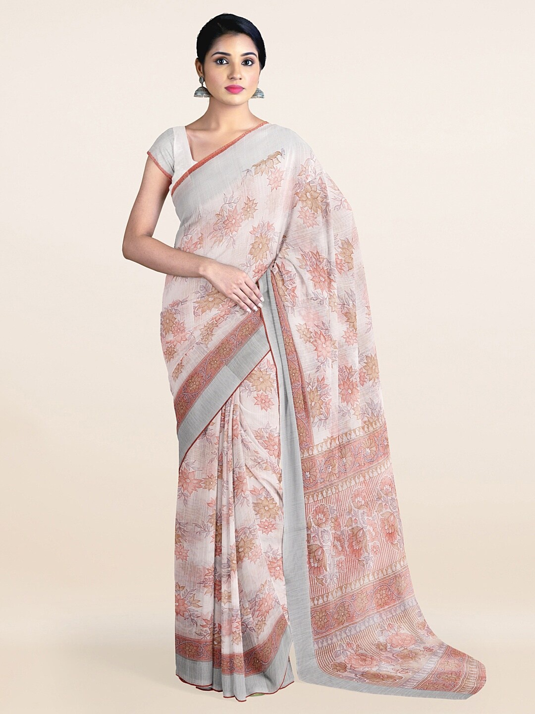 

Pothys Off White & Rust Floral Saree