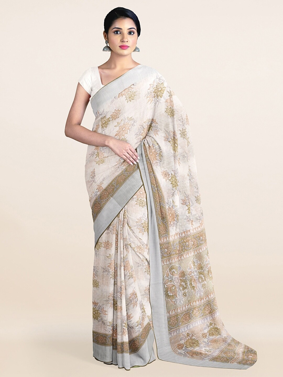 

Pothys Off White & Brown Floral Printed Zari Saree