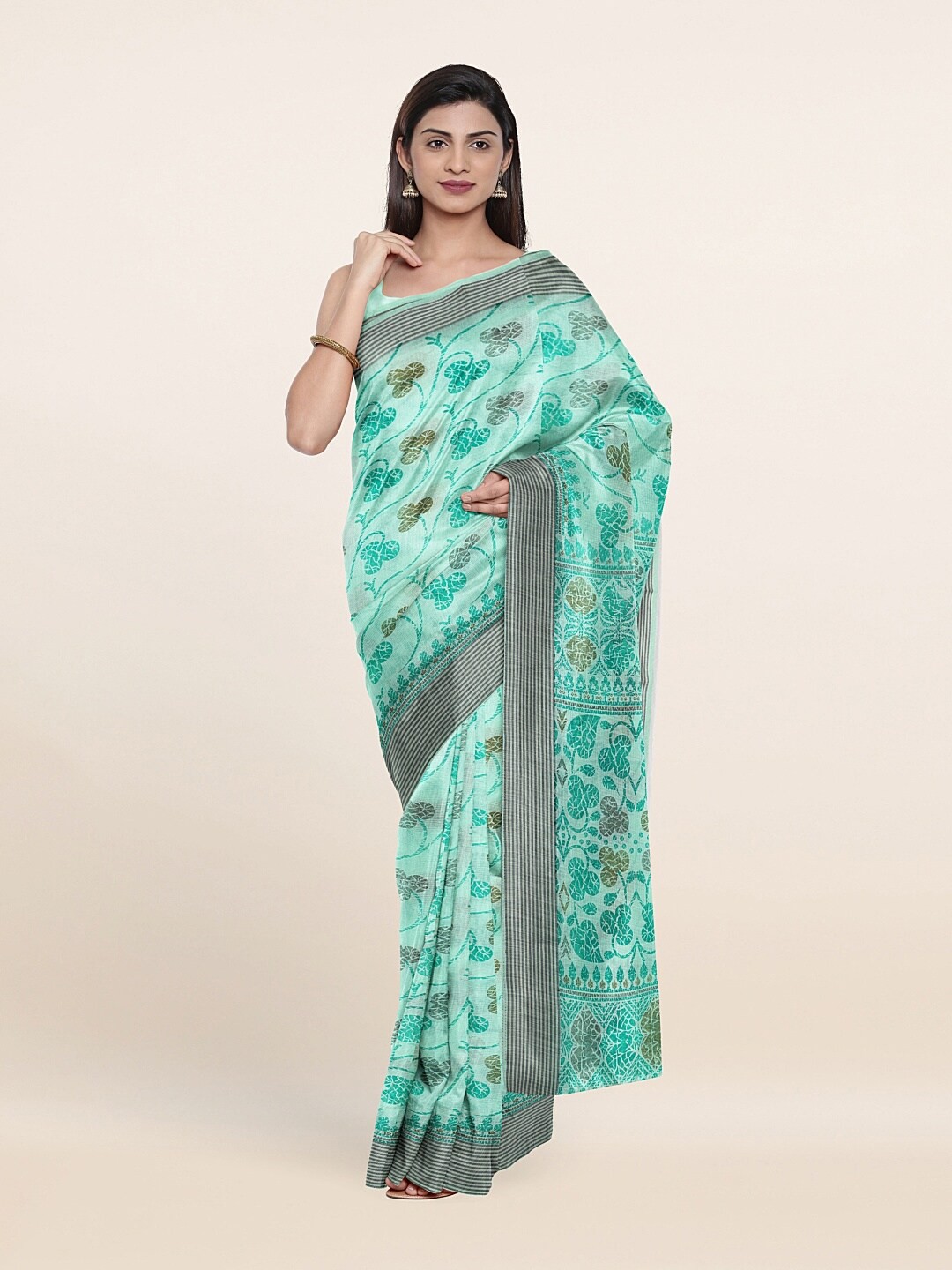 

Pothys Green & Grey Floral Zari Saree