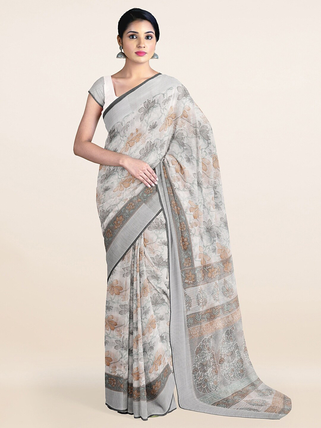

Pothys Off White & Grey Floral Printed Zari Saree