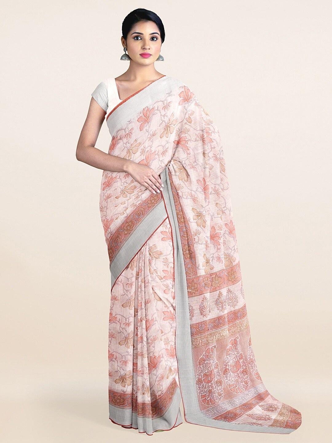 

Pothys Off White & Pink Floral Printed Saree