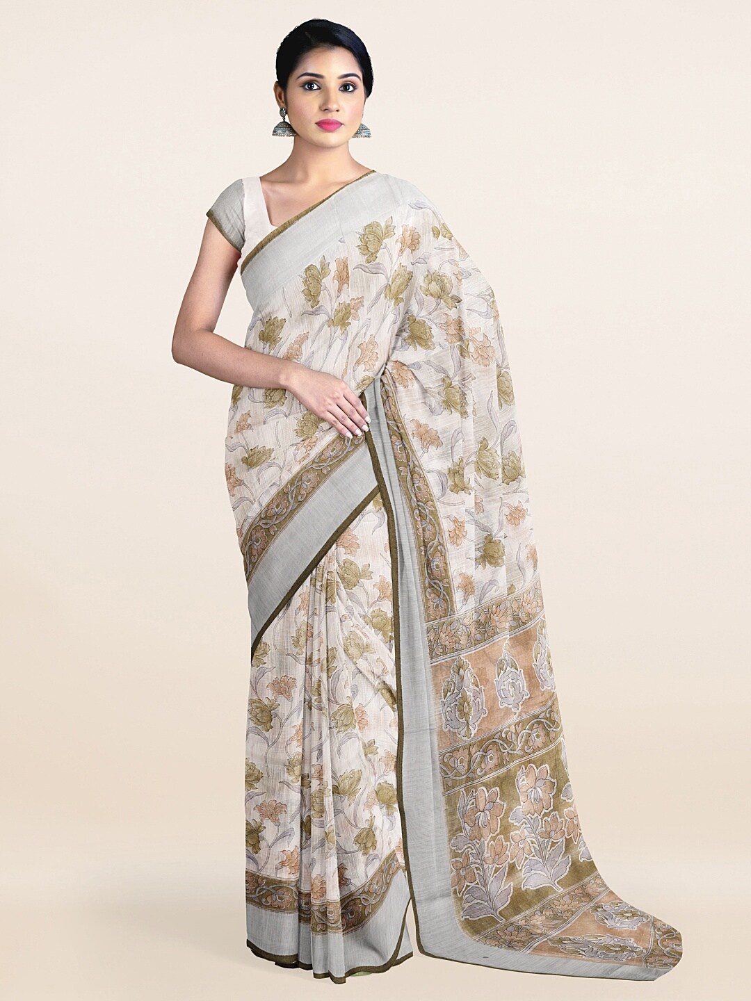 

Pothys Off White & Brown Floral Cotton Blend Zari Saree