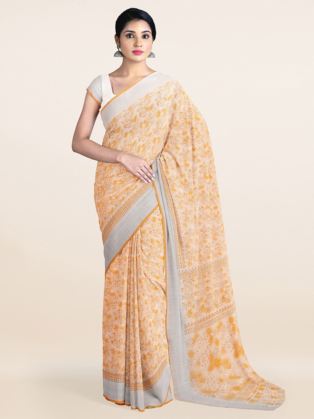 

Pothys Yellow & Off-White Floral Printed Zari Saree