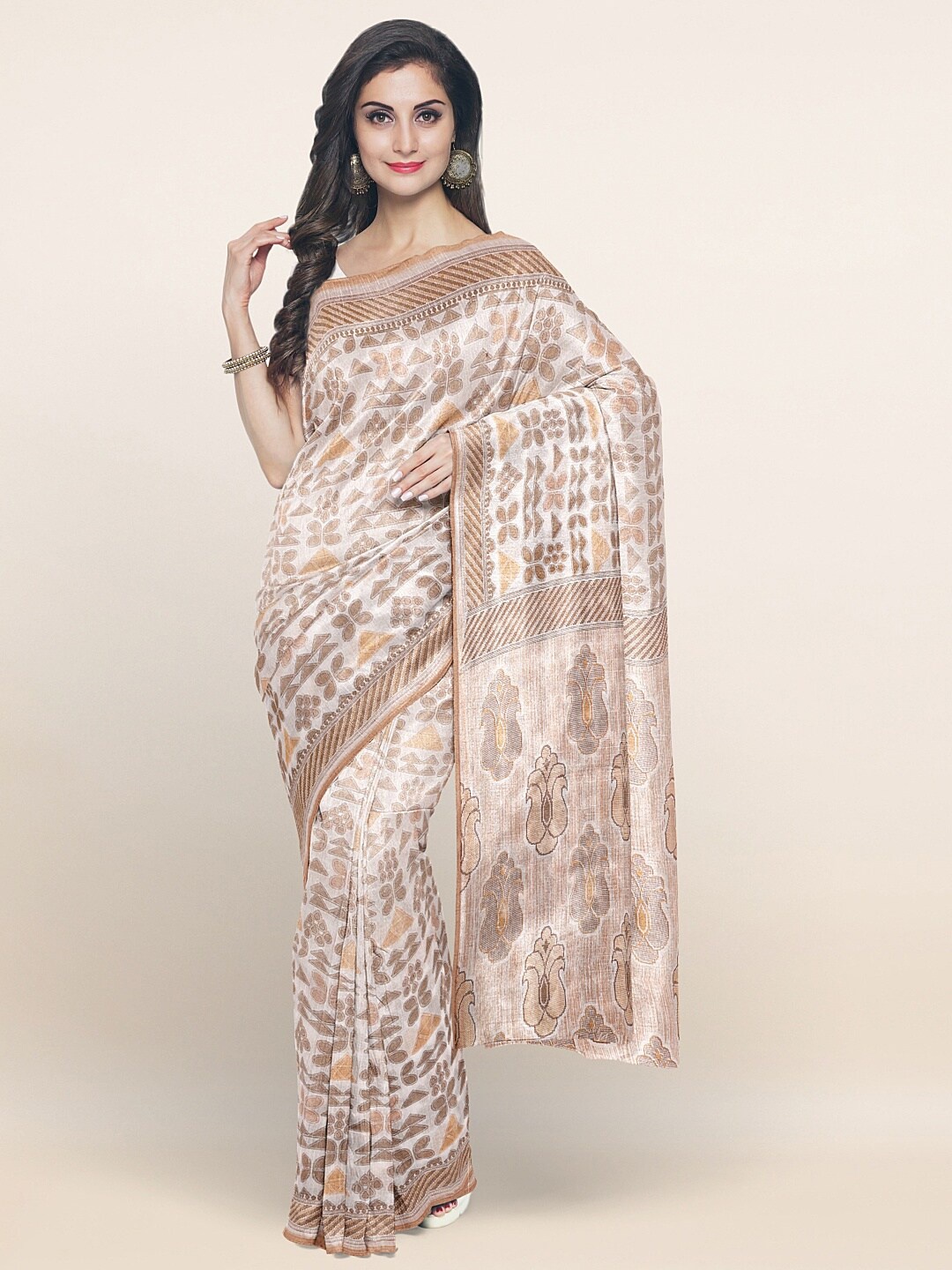 

Pothys Off White & Brown Floral Printed Saree