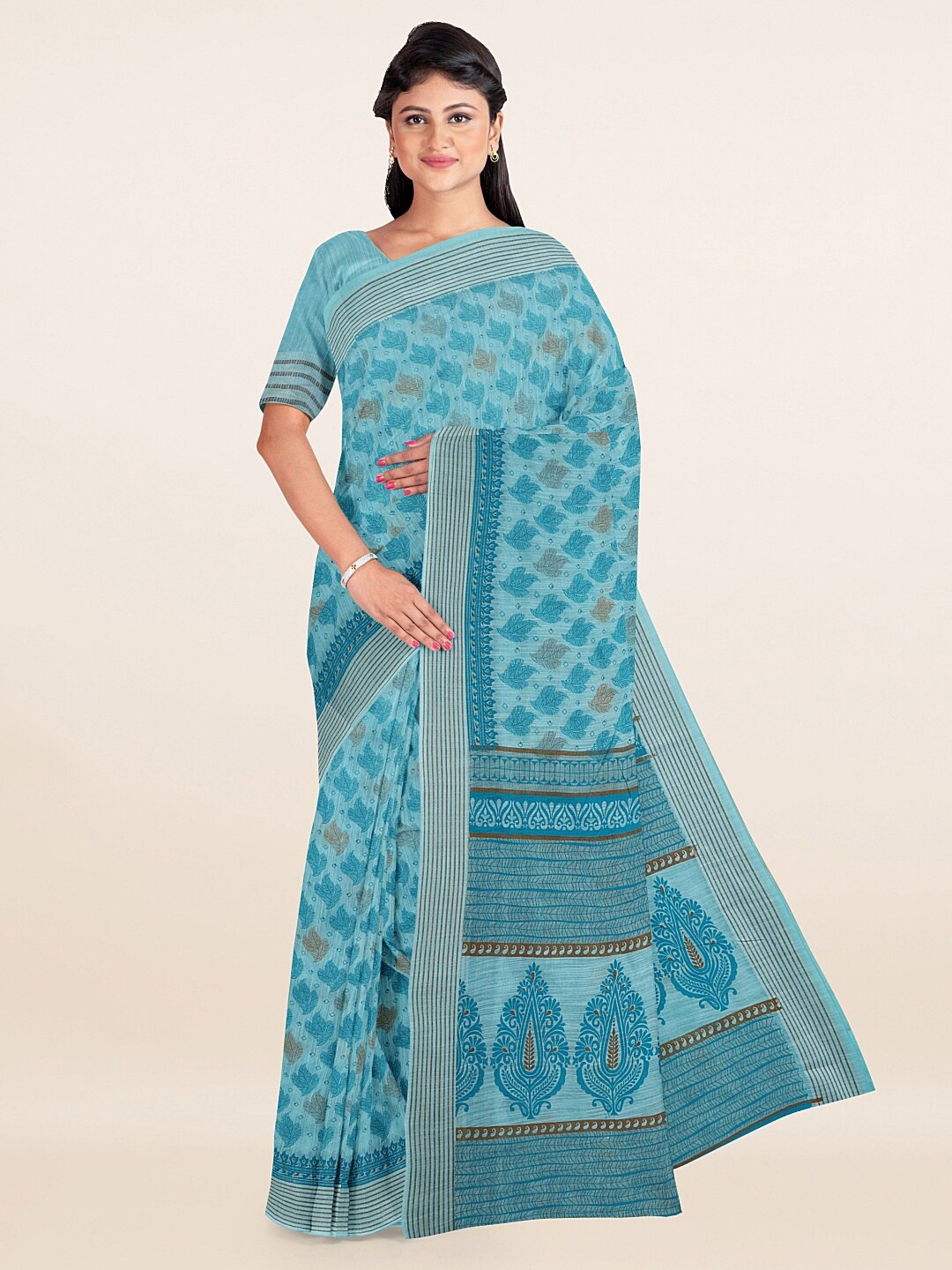 

Pothys Blue & Brown Ethnic Motifs Printed Saree
