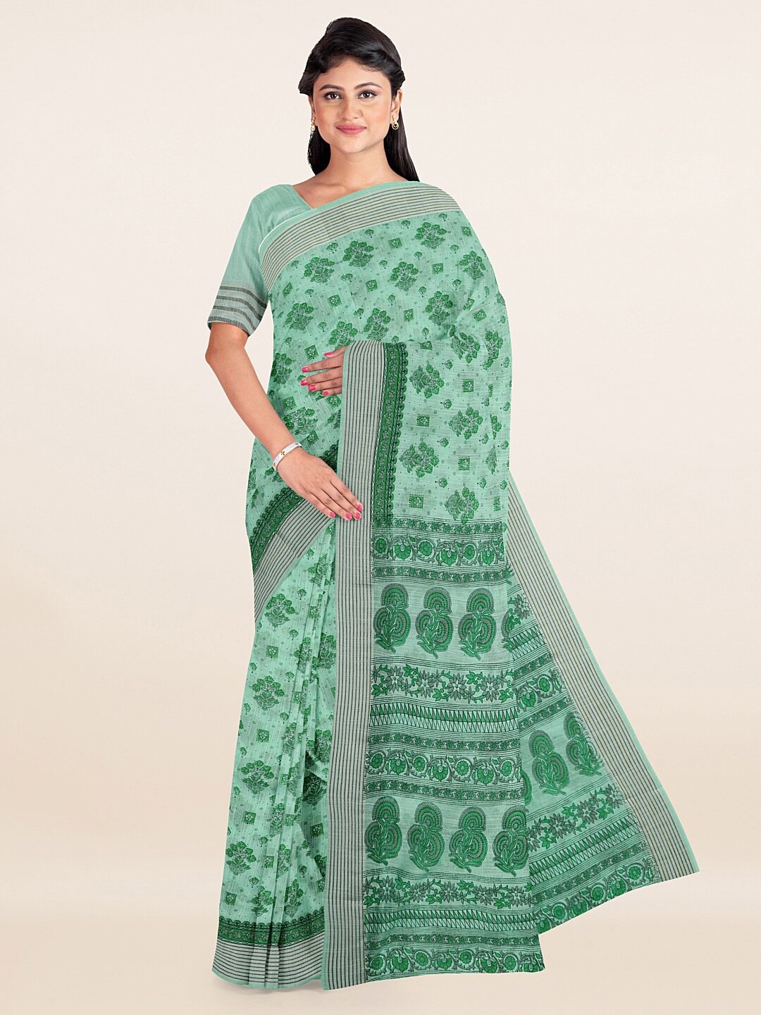 

Pothys Green & Off White Ethnic Motifs Printed Zari Saree