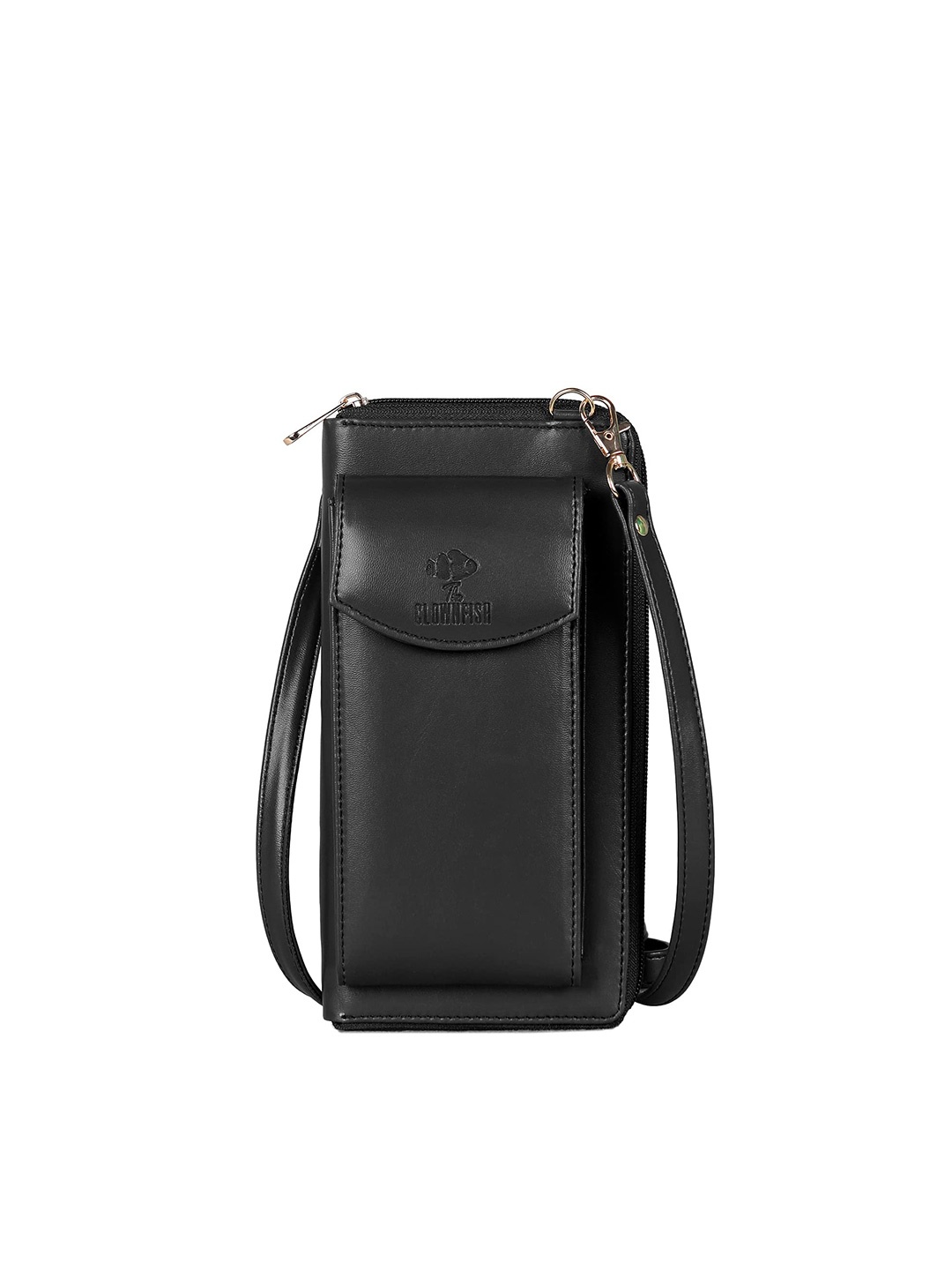 

THE CLOWNFISH Women Black Leather Sling bag with Front Mobile Pocket Zip Around Wallet