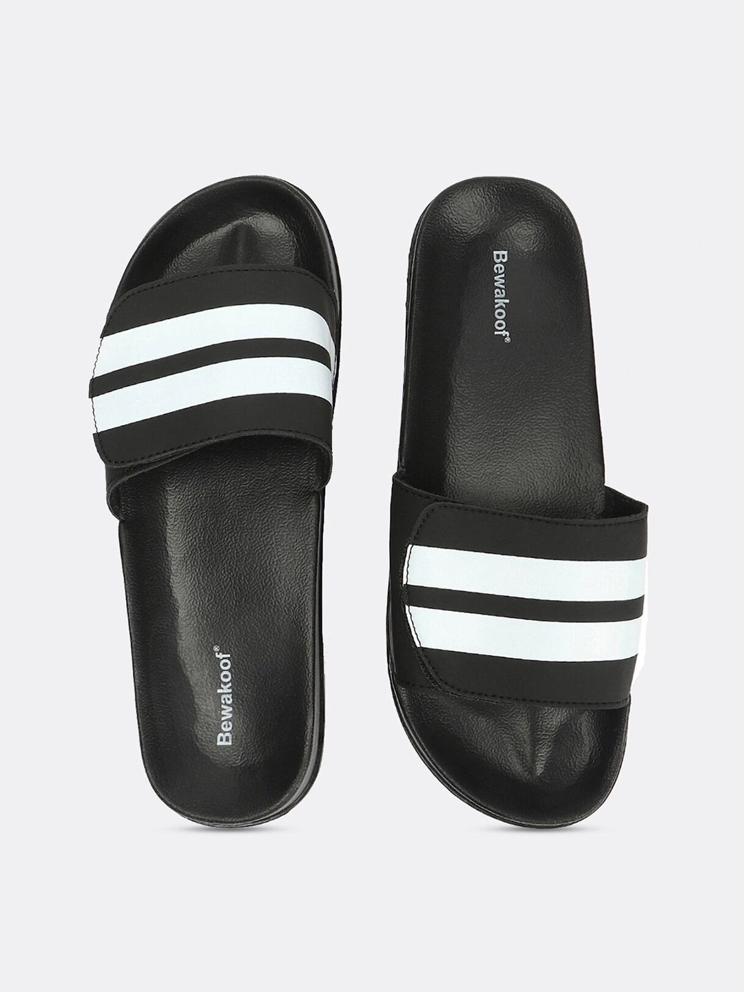 

Bewakoof Men Black & White Striped Adjustable Rubber Sliders