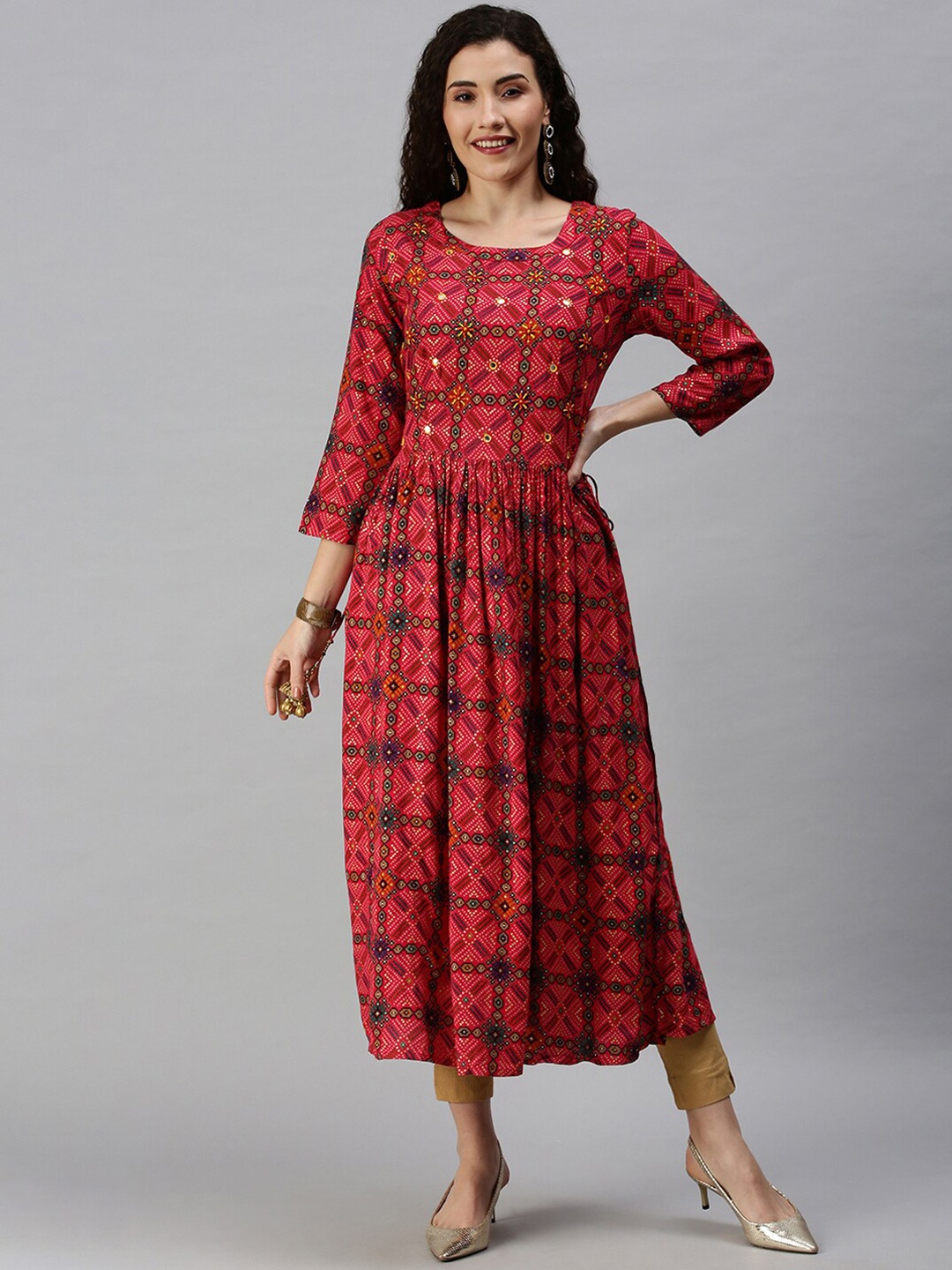 

SHOWOFF Women Pink & Yellow Bandhani Cotton Blend Printed Kurta
