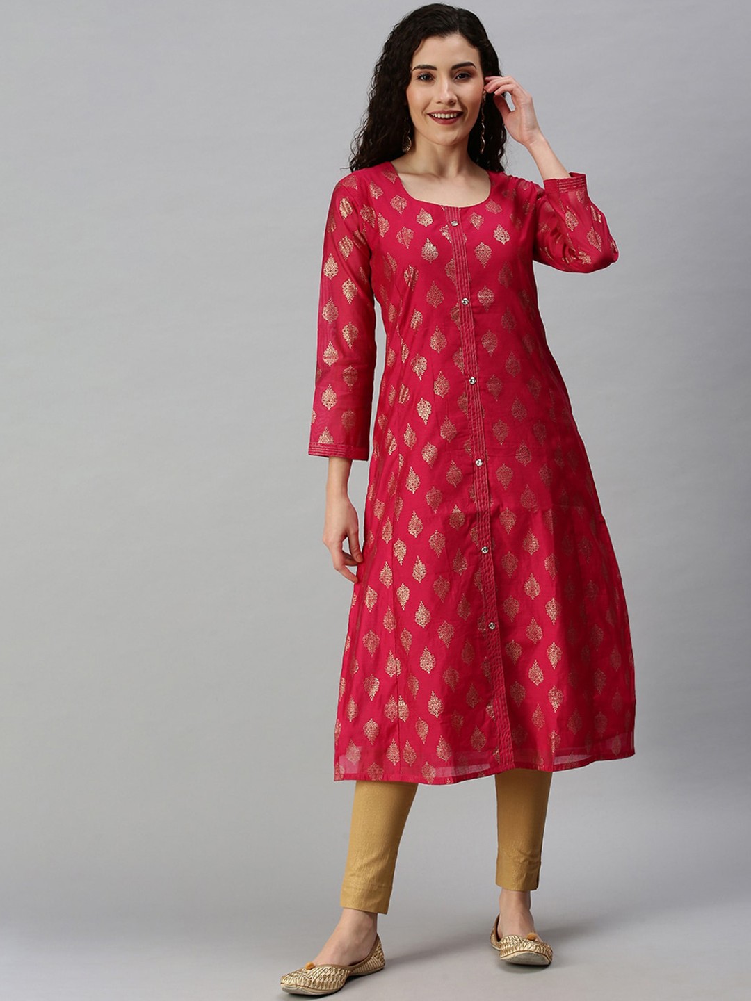 

SHOWOFF Women Pink Ethnic Motifs Three-Quarter Sleeves Round Neck Kurta