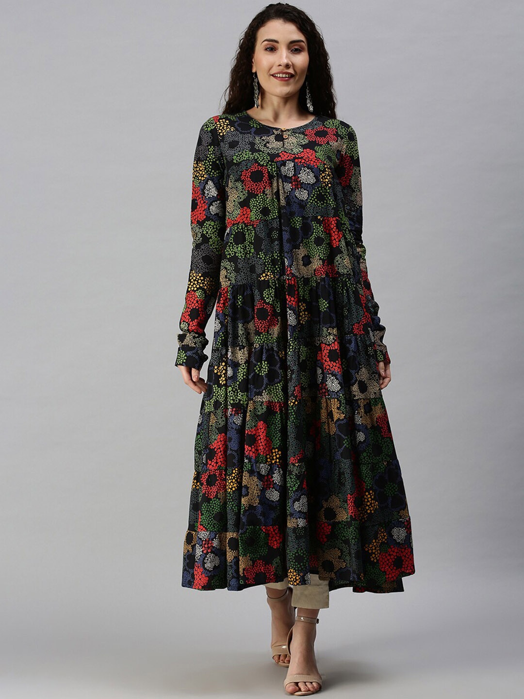 

SHOWOFF Women Multi-Coloured Long Sleeves Keyhole Neck Anarkali Kurta
