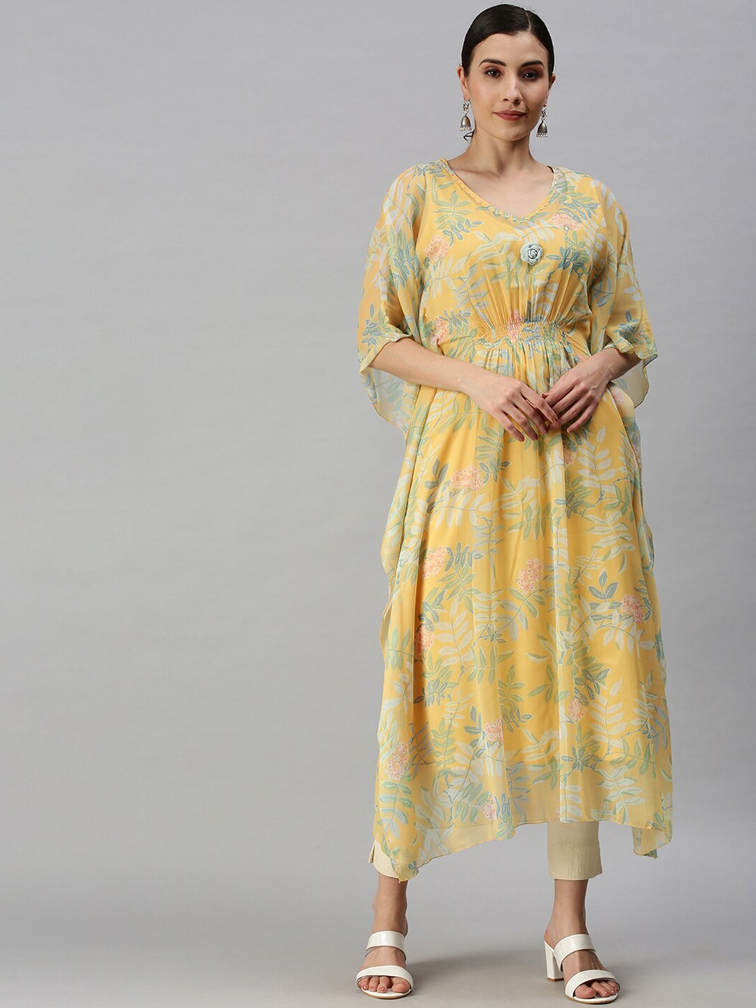 

SHOWOFF Women Yellow & Green Floral Poly Chiffon V-Neck Flared Sleeves Kaftan Kurta